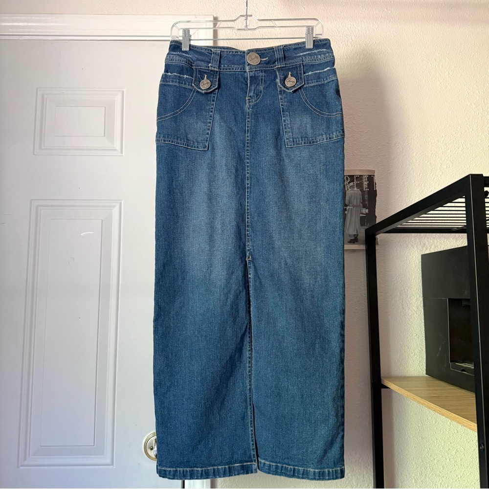 QUIZZ medium blue wash denim contrast stitch y2k midi maxi jean‎ skirt